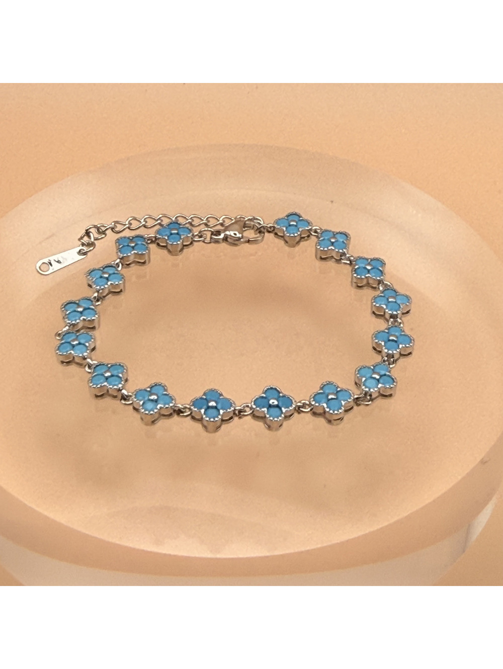 Turquoise Clover Floral Silver-Tone Bracelet with Extender